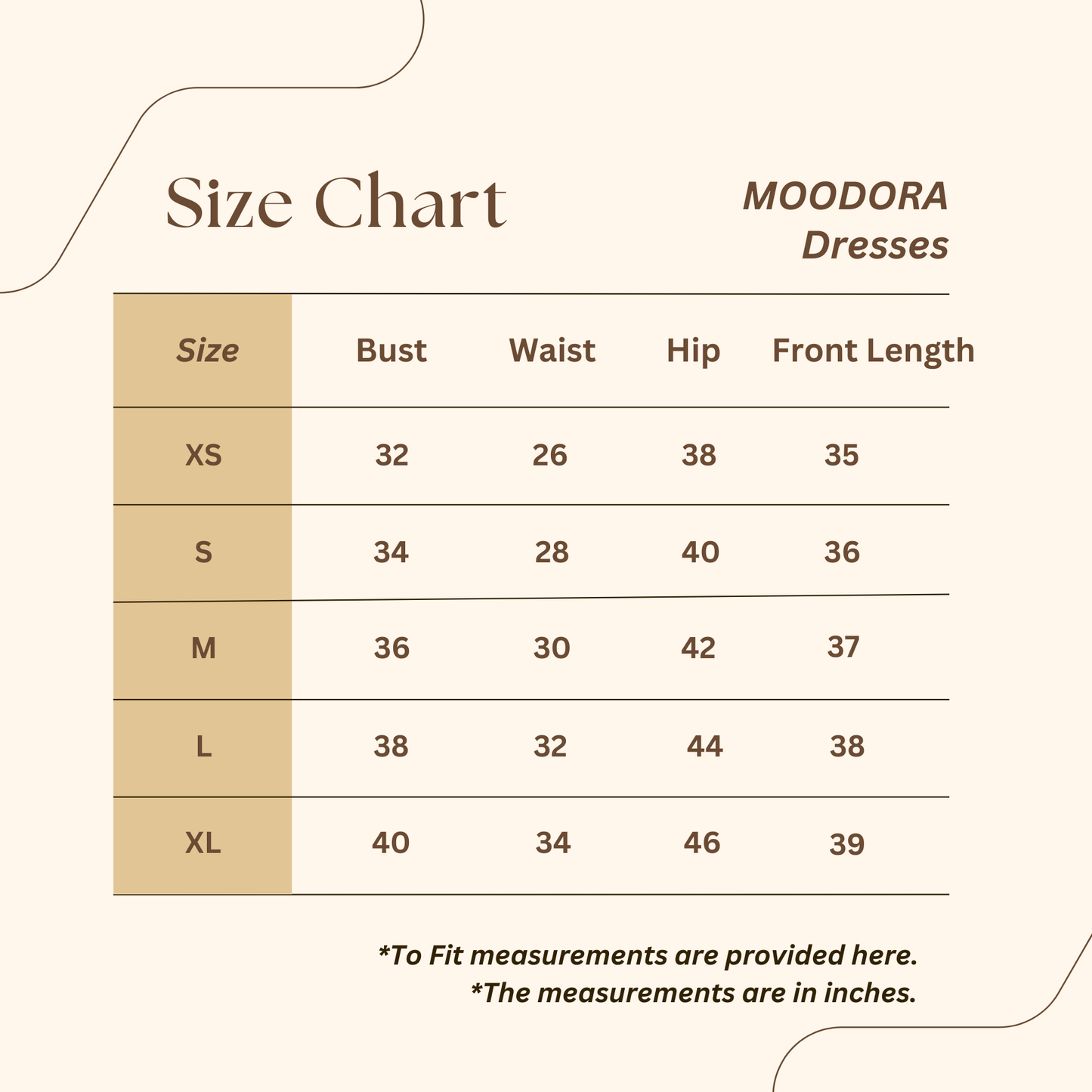 Size chart for MOODORA Dresses with measurements in inches.