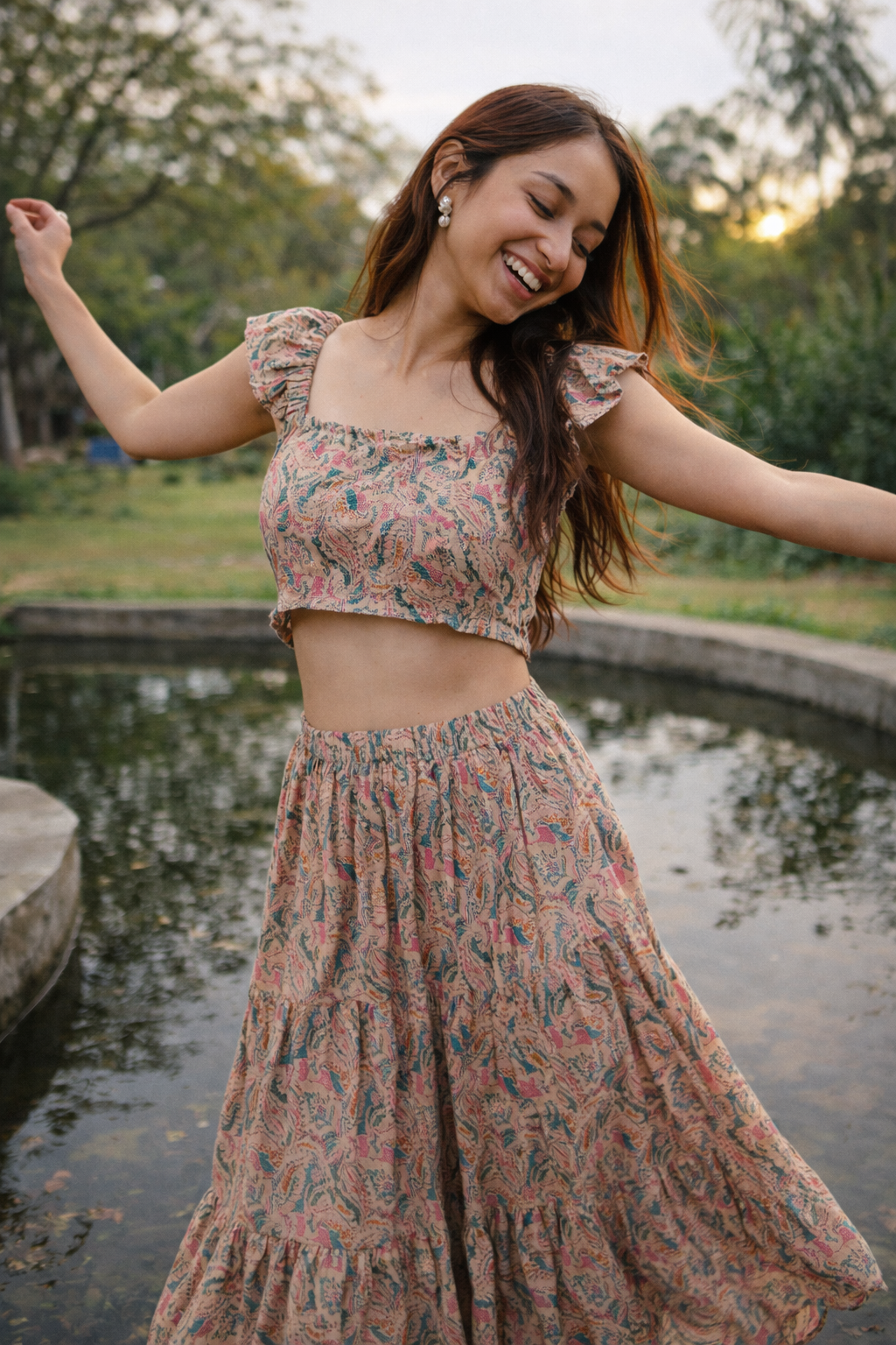 woman in a free and expressive emotions wearing moodora co-ord set