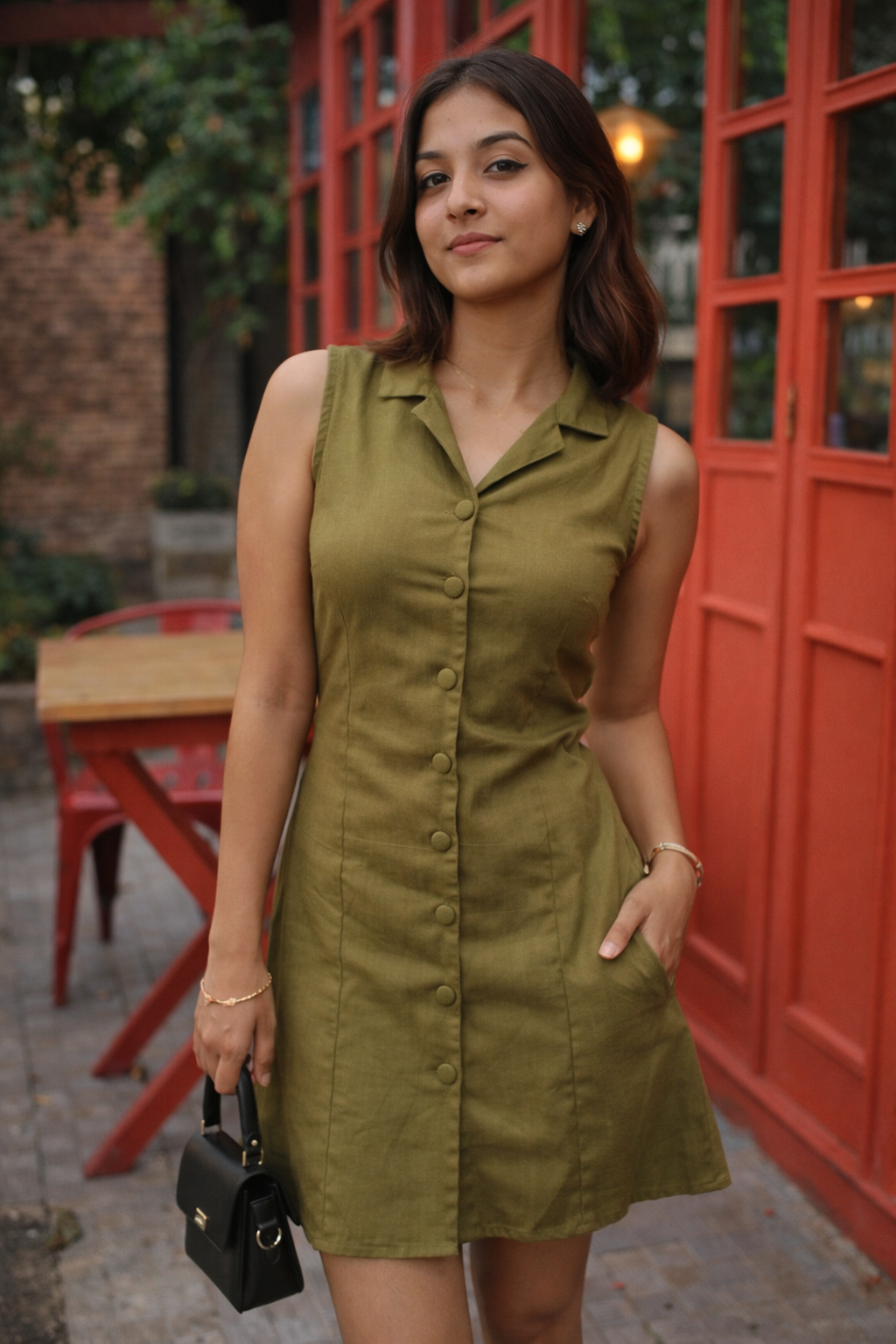 woman standing in confidence and wearing moodora a dress from rooted collection.