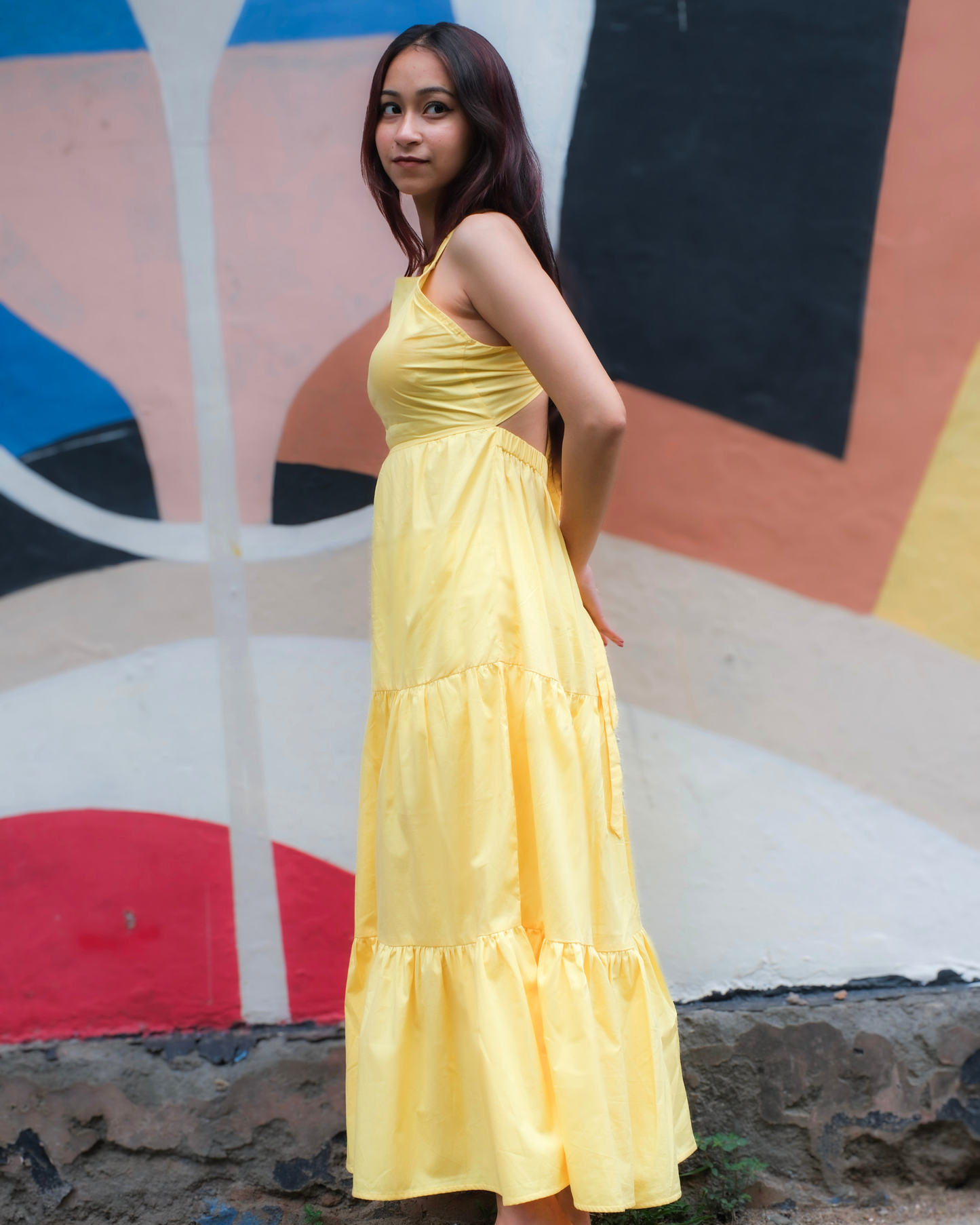 Tie me to July Yellow back-Tie Tiered Maxi Dress for women