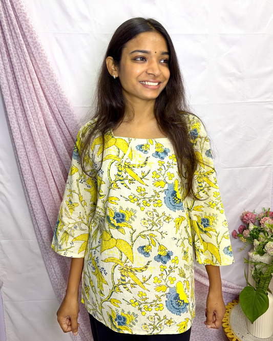 Women's Printed Pure Cotton Bell Sleeves Short Kurti for Everyday Casual and Office wear