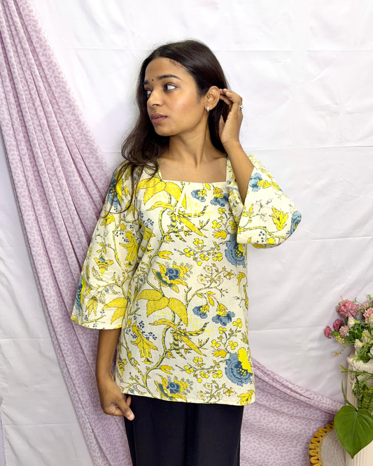Women's Printed Pure Cotton Bell Sleeves Short Kurti for Everyday Casual and Office wear