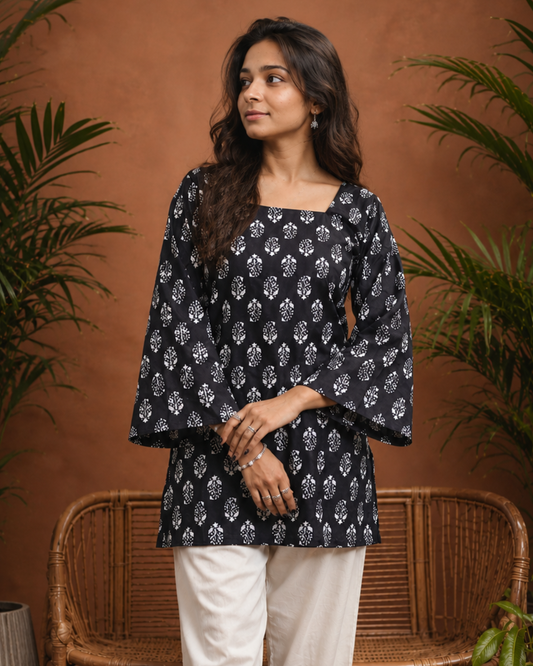 Women's Printed Pure Cotton Bell Sleeves Short Kurti for Everyday Casual and Office wear