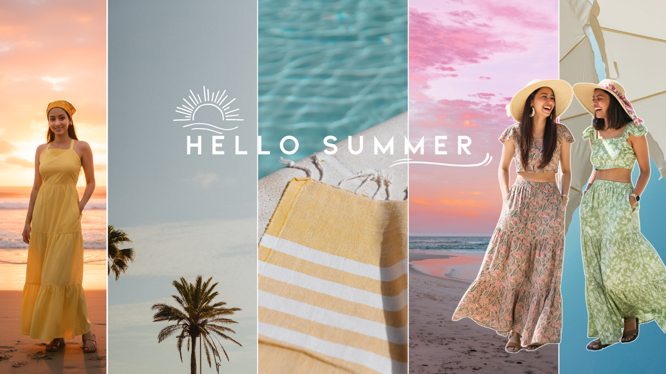 collage of women wearing Moodora pieces in a summer theme stating Hello summer