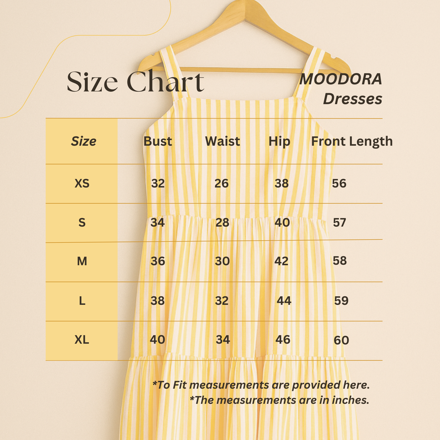 Size chart for Moodora Dresses with a yellow dress on a hanger.