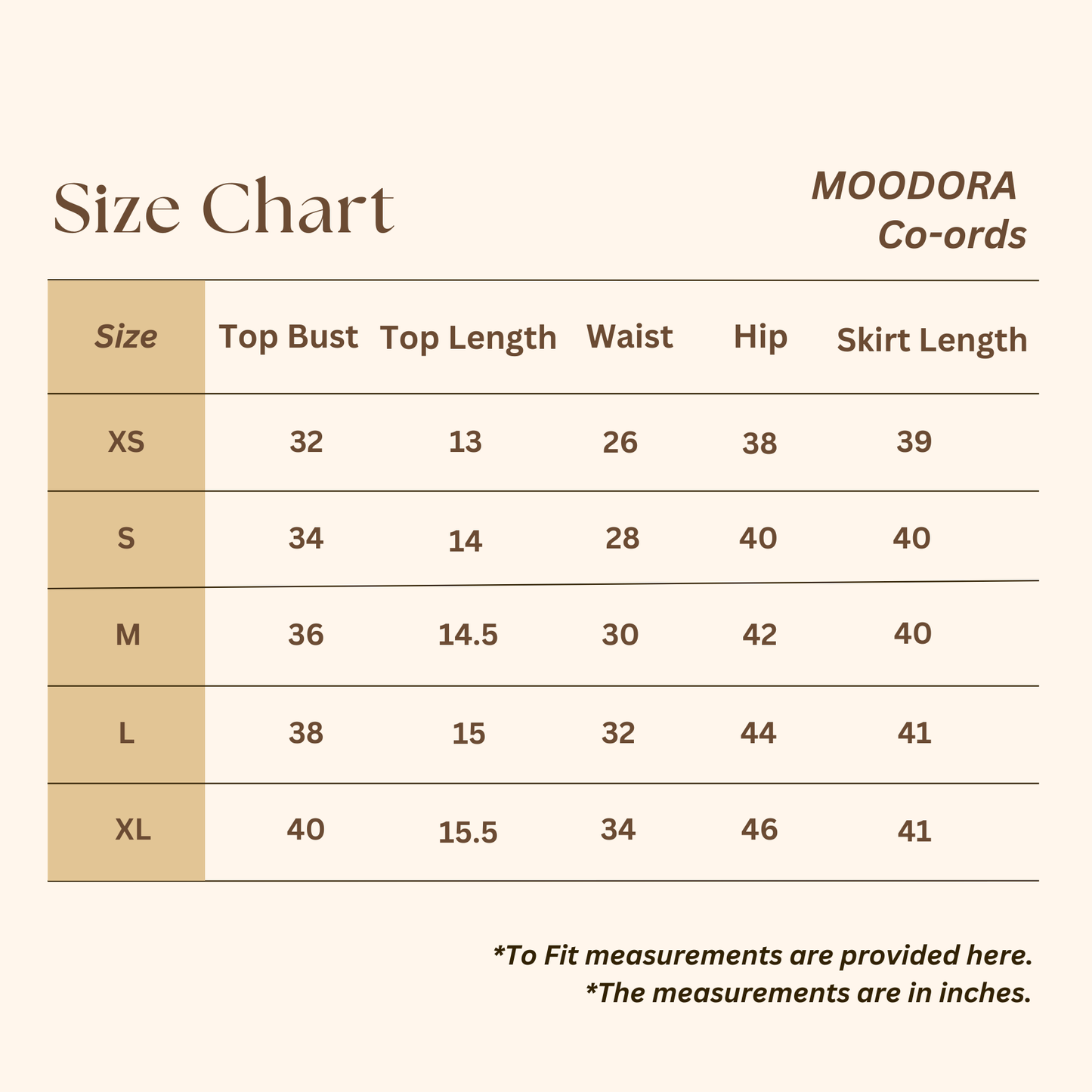 Size chart by Moodora of body measurements for co-ord sets