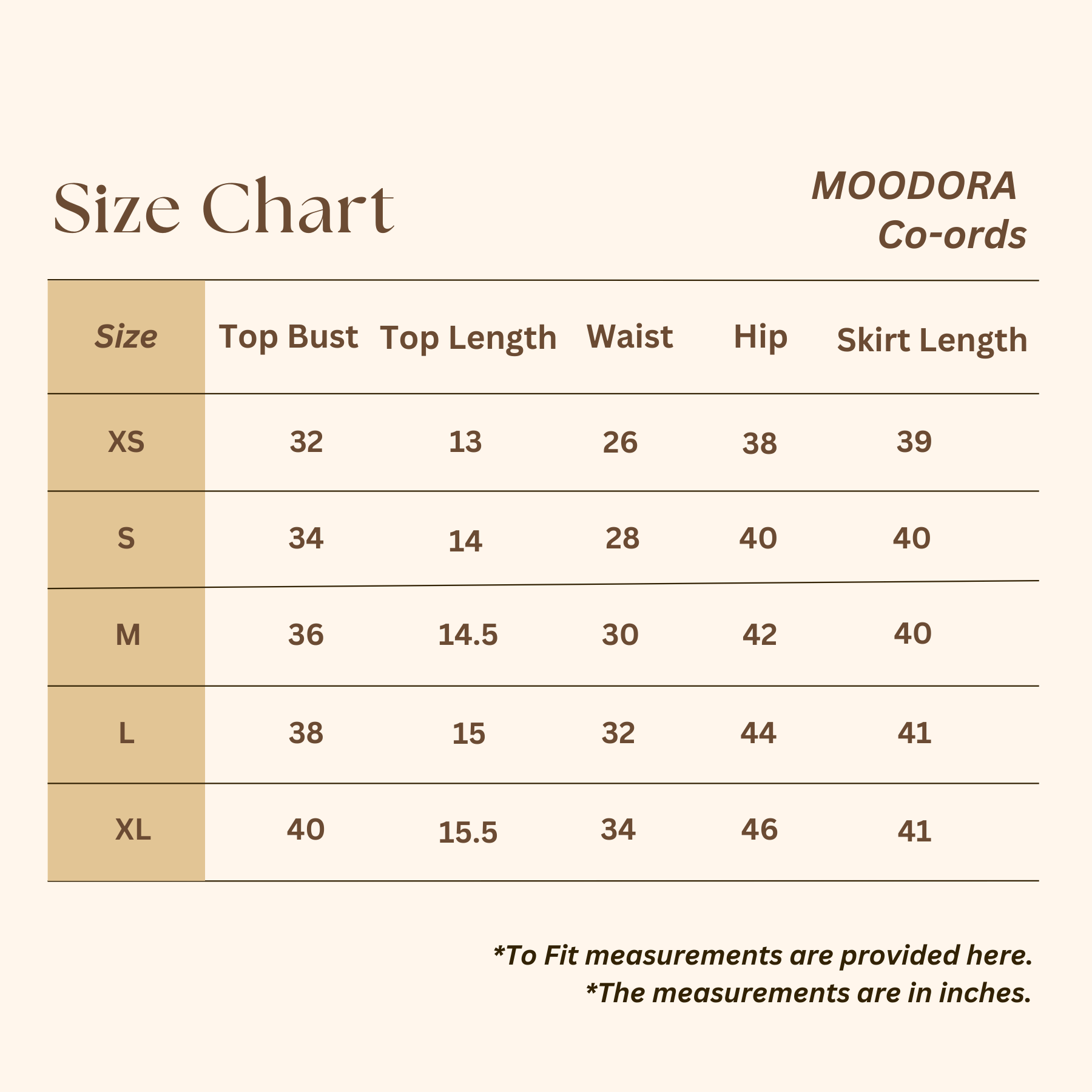 Size chart by Moodora of body measurements for co-ord sets