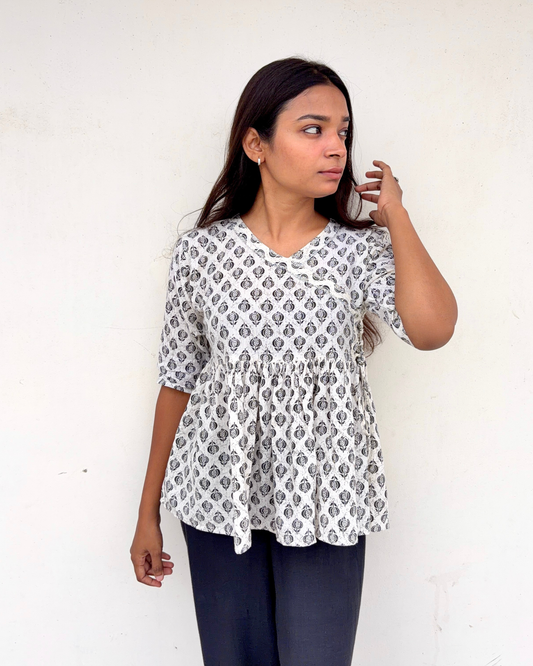 Women's Printed Pure Cotton Angrakha Short Kurti for Everyday Casual and Office wear