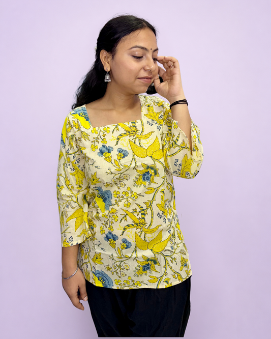 Women's Printed Pure Cotton Bell Sleeves Short Kurti for Everyday Casual and Office wear