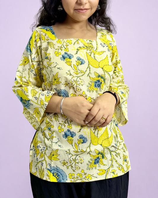 Women's Printed Pure Cotton Bell Sleeves Short Kurti for Everyday Casual and Office wear