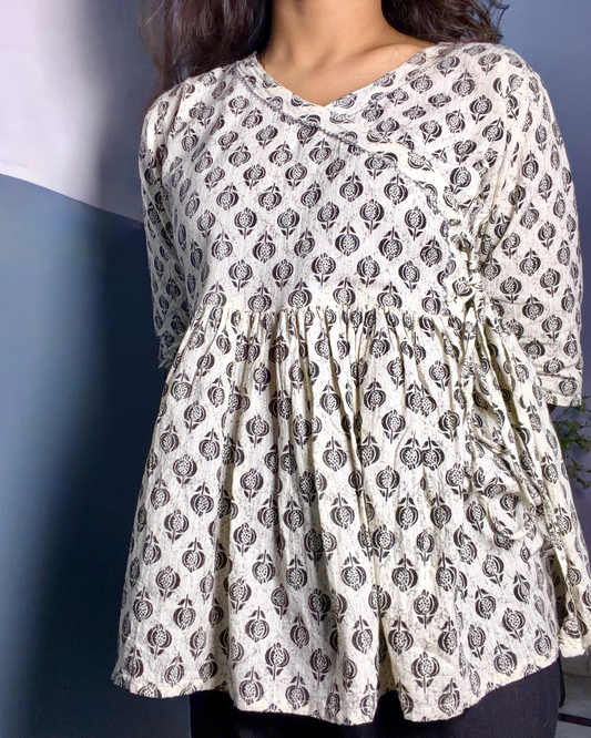 Women's Printed Pure Cotton Angrakha Short Kurti for Everyday Casual and Office wear
